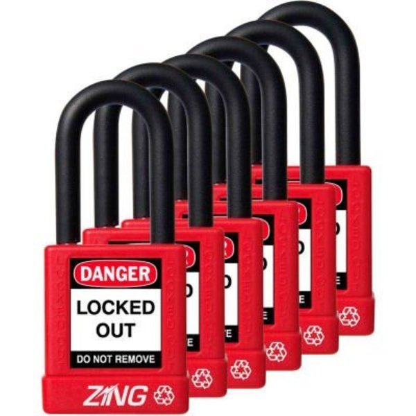 Zing ZING RecycLock Safety Padlock, Keyed Alike, 1-1/2" Shackle, 1-3/4" Body, Red, 6 Pack, 7063 7063
